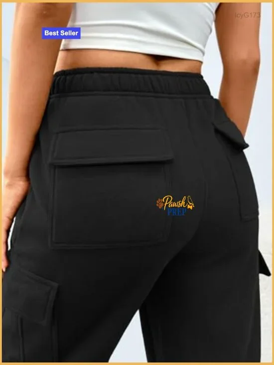 Wide Leg Cargo Sweatpants with 6 Pockets, Elastic Waist, Cotton Blend - Picture 5 of 6